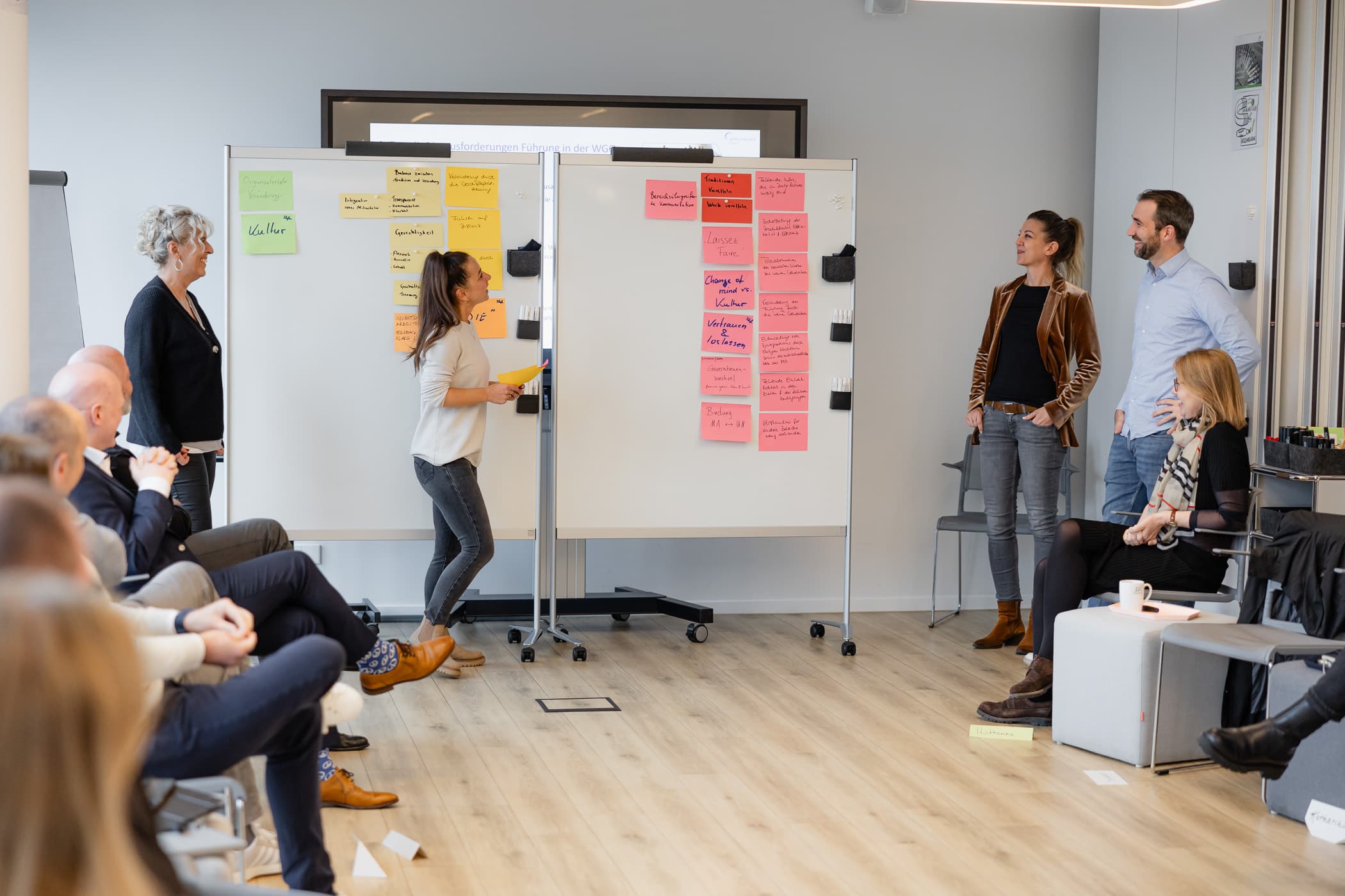 Präsentation der Arbeitsergebnisse Führungskräfte der WERTGARANTIE Group stellen gemeinsam ihre Ergebnisse in der WERTation an einem Whiteboard mit Post-Its vor.